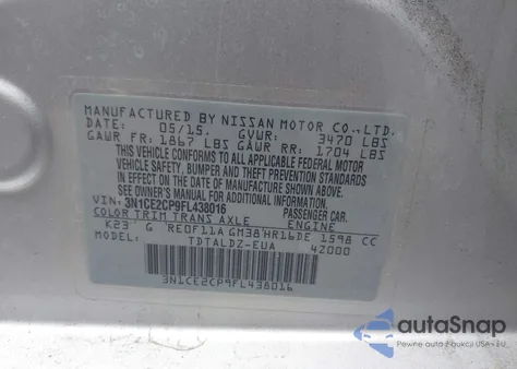 2015 Nissan Versa Note Sv z USA, uszkodzony, nr VIN 3N1CE2CP9FL438016